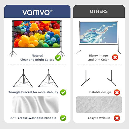 Projector Screen Outdoor, Vamvo Projector Screen with Stand Portable 120" Foldable ProjectorScreen, 10 Feet Indoor Movie-Screen with Carrying Bag for Home Theater Backyard Movie Night