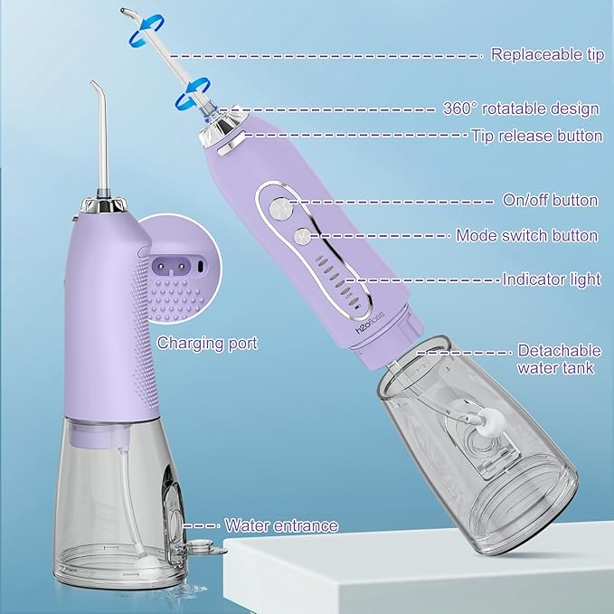 Water Dental Flosser Teeth Pick, H2ofloss Cordless Portable Oral Irrigator 300ML Rechargeable Travel Irrigation Cleaner IPX7 Waterproof WaterFlosser for Home Travel Lavender