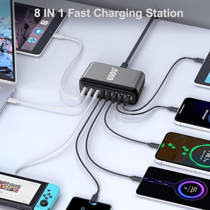 600W USB C Charger 100W USB C Charger Block, GaN III 8-Port Fast Charging Station Hub,PD 3.1 140W Laptop Charger Adapter Compatible with MacBook Pro/Air,DELL,Steam Deck,iPhone 16/15/14,Galaxy S25