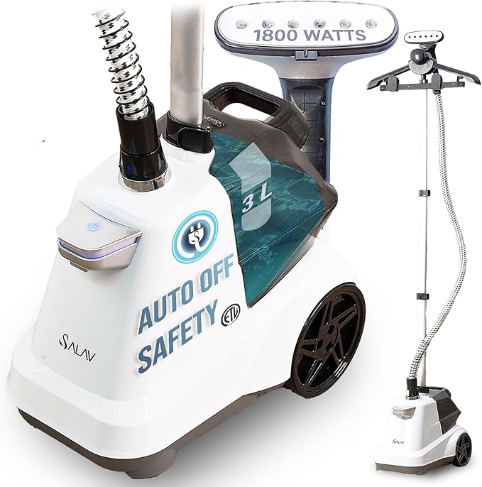 SALAV® Heavy Duty Smart Auto Shut-off Commercial Full-Size Garment Steamer, Beeping Alert when Water Runs out, Foot Pedal Control, XL 3L (101.5 oz) Tank, 1800 watts, 90+min of Continuous Steam, White