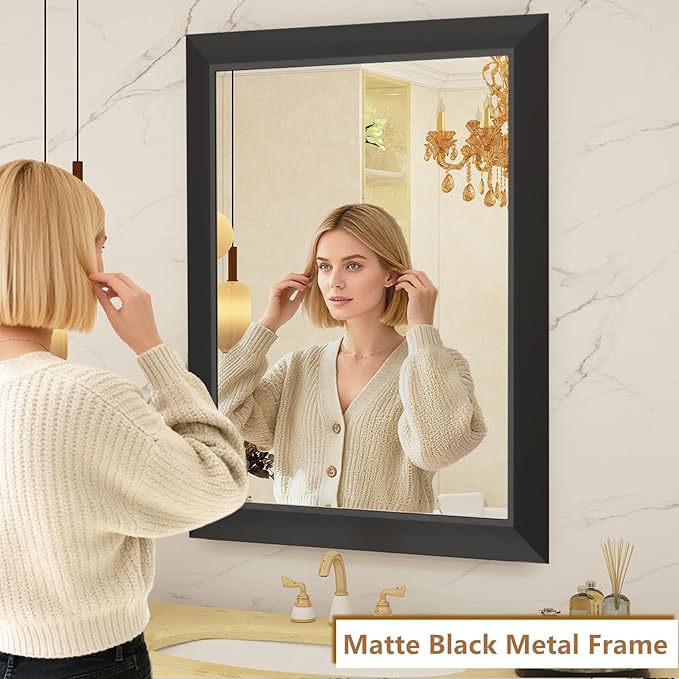 SMIROR Matte Black Bathroom Mirror for Over Sink 28x 36 inch, Metal Thick Frame Rectangle Vanity Mirror for Wall, Anti-Rust, Horizontally or Vertically Mounted