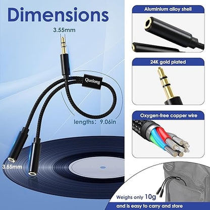 Quelong 2Pcs Headphone Splitter, Dual Headphone Nylon Braided Extension Cable, Hi-Fi Audios Stereo Y Splitter 3.5mm 2 Female 1 Male, Suitable for Phones, PS4, Amplifiers, Smartphones, Tablets,etc.