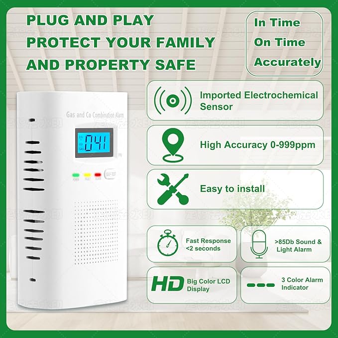 Combination Gas and Carbon Monoxide Detector Plug-in | CO Alarm & Natural Gas Combustible Detector | Digital Display, Battery Backup, Easy Install | for Home Kitchen Safety Monitoring 1-Pack