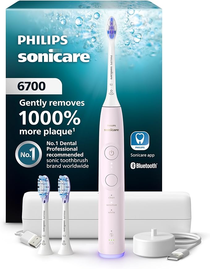 Philips Sonicare 6700 Series Electric Toothbrush - Next-Generation Sonicare Technology, Pressure Sensor, 9 Brushing Settings, SmarTimer, 21-Day Runtime, Travel Case, Light Pink, HX7412/04