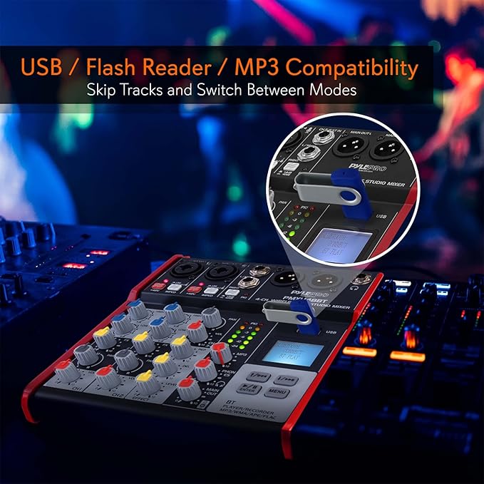 Pyle Studio Audio Sound Mixer Board - 4 Channel Bluetooth Compatible Professional Portable Digital DJ Mixing Console W/USB Mixer Audio Interface - Mixing Boards for Studio Recording