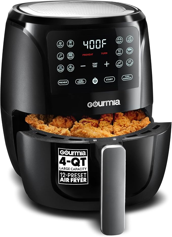 Gourmia Air Fryer Oven Digital Display 4 Quart Large AirFryer Cooker 12 1-Touch Cooking Presets, Black and Stainless Steel Accents Fry Force GAF486