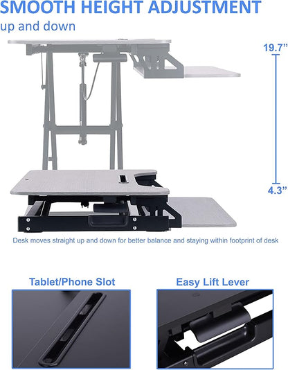 Rocelco Standing Desk Converter with Dual Monitor Mount - 31.5 Inch Sit Stand Up Tabletop Riser with Tablet Holder, Height Adjustable Workstation - Deep Keyboard Tray for Laptop - Gray (R VADRG-DM2)