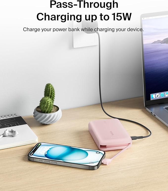 Belkin Portable Charger, Power Bank with Integrated Cable 10000 mAh 20W - Fast Charge USB C Power Delivery - iPhone 17, Air, Pro, Pro Max, iPad, AirPods, Apple Watch, Galaxy S25, & More - Pink