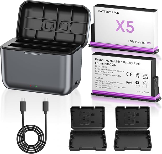 POWEROWL 2Pack for Insta 360 X5 Battery and Charger Kit, 2800mAh Batteries for Insta360 X5 with 2 Battery Storage Case and Dual Fast Battery Charger for Insta360 X5