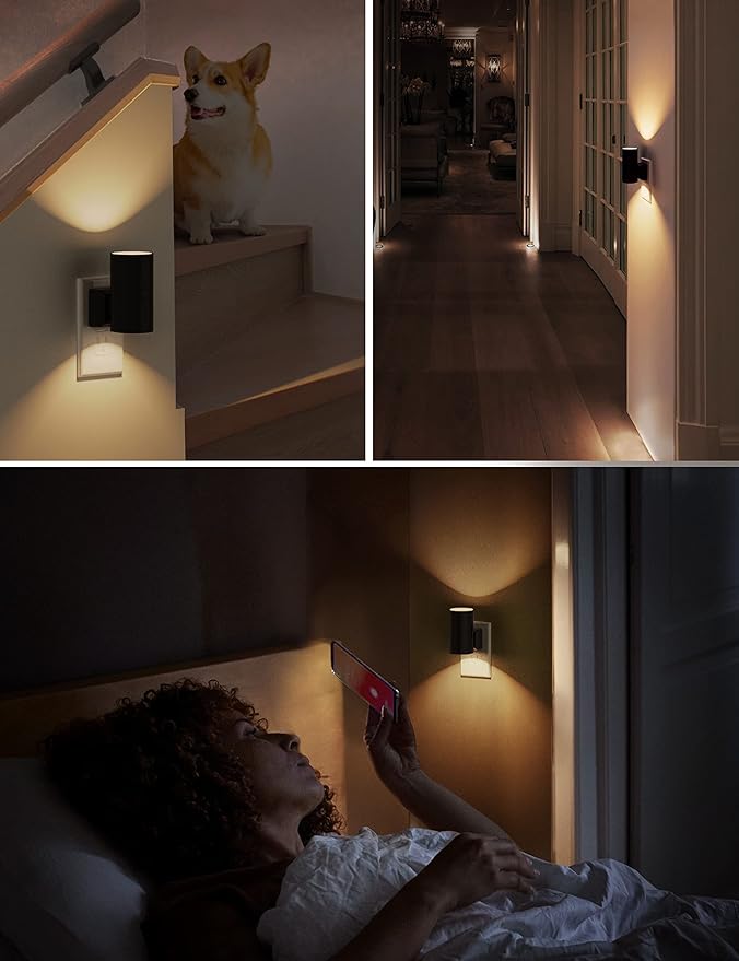 L LOHAS LED Night Light Plug in, 4 Pack, Dimmable Night Lights Plug into Wall, Light Sensor Nightlight, Soft White 3000K with Black Shade, Plug in Nightlights for Hallway Bathroom Kitchen Bedroom