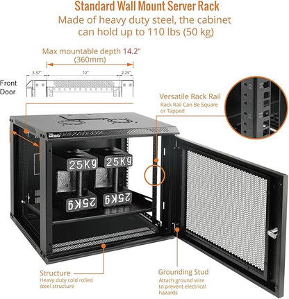 Tecmojo 9U Wall Mount Rack Network Cabinet for 19" IT Equipment,with Lockable Mesh Door and Side Panels,Cooling Fan,17.7inch Depth,Black
