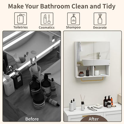 Wall Mounted Storage Cabinet with Mirror & Adjustable Shelves- Bathroom Medicine Cabinet with Towel Bar for Bathroom, Laundary, Enterway,Bedroom