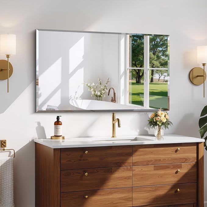 CILIBER Beveled Bathroom Mirror, 24x40 Large Frameless Mirrors for Over Sink, Upgraded Shatterproof Beveled Frameless Vanity Mirror for Bathroom,Bedroom,Living Room and Entryway