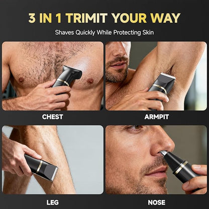 Beard Trimmer for Men, IPX7 Waterproof Body Hair Trimmer Electric Razor Shaver Body Grooming Kit Wet/Dry Use for Groin, Nose, Ear Hairs, Beard, Legs, Chest (Black)