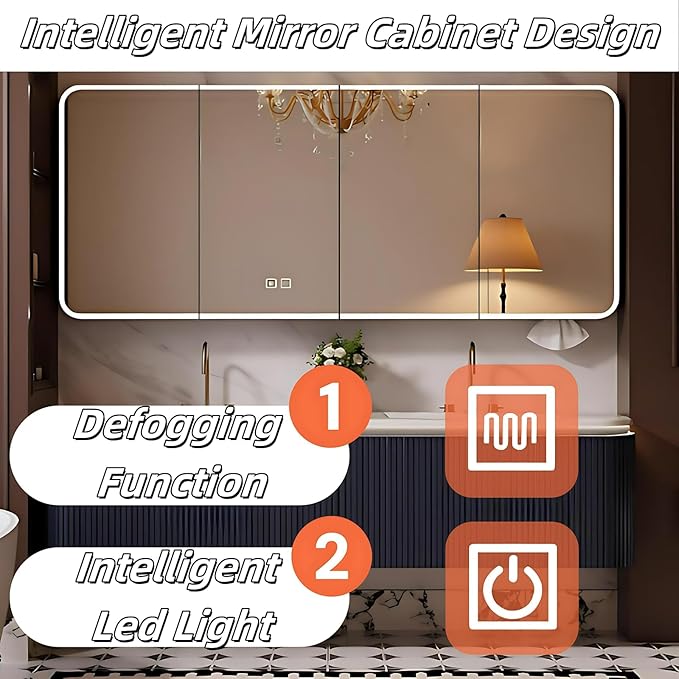Bathroom Vanity with Double Sinks - LED Smart Defogging Mirror & Equipped with Tissue Hole | Modern Double Sink Bathroom Cabinet, 2 Drawers & Wavy Panel, Dark Blue (Mirror Cabinet, 84IN)