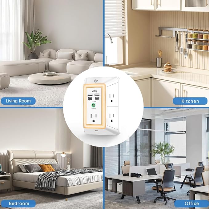 Multi Plug Outlet Surge Protector - Lvetek 3-Sided Power Strip with 5 Outlet Extender and 4 USB Ports(2 USB-C) and Night Light, USB Wall Charger for Home, Office, Travel, ETL Listed, White