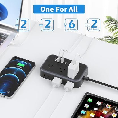 10 in 1Power Strip NTONPOWER Ultra Thin Flat Plug Extension Cord with 4 USB Ports(Include 2 USB C) Surge Protector Power Strip with Flat Cord 6 Widely Spaced Outlet(2 Side) 5 Ft Extension Cord-Black