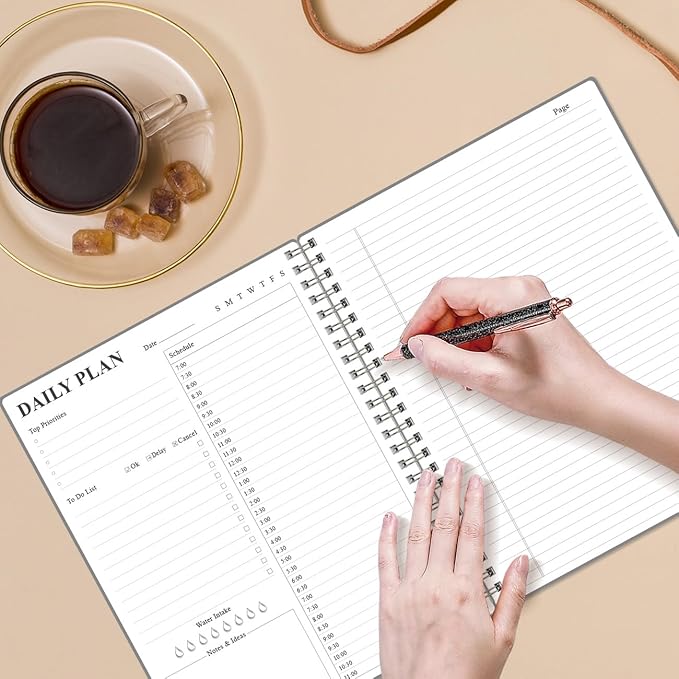 Daily Planner Undated - A4 To Do List Notebook Hourly Schedules, Spiral Appointment Planner for Women and Men,PVC Hardcover, Inner Pocket, Elastic Closure, 8.5" x 11", Grey