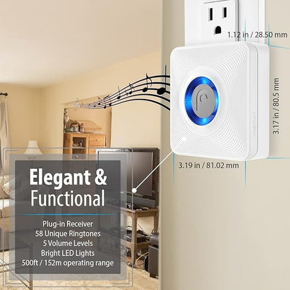 Fosmon WaveLink Wireless Door Chime with 500 Feet Range, 58 Tunes, 5 Volume Levels & LED Indicators for Home/Business/Office (1 Receiver + 1 Sensor)
