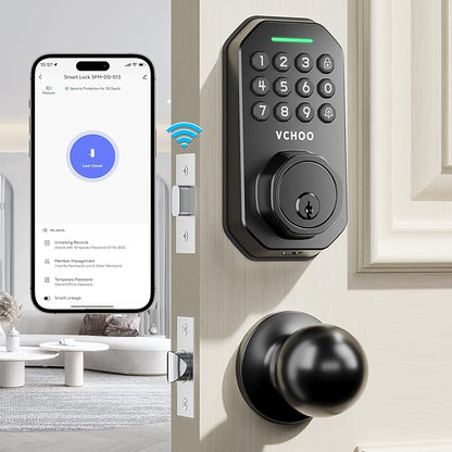 VCHOO Keyless Entry Door Lock Set WiFi Smart App Control Door Lock for Front Door Keypad Deadbolt with 2 Knobs Auto Lock One Time Codes Easy Install, Black