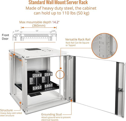 Tecmojo 12U Wall Mount Rack Network Cabinet for 19" IT Equipment,with Lockable Glass Door and Side Panels,Cooling Fan,17.7inch Depth,White