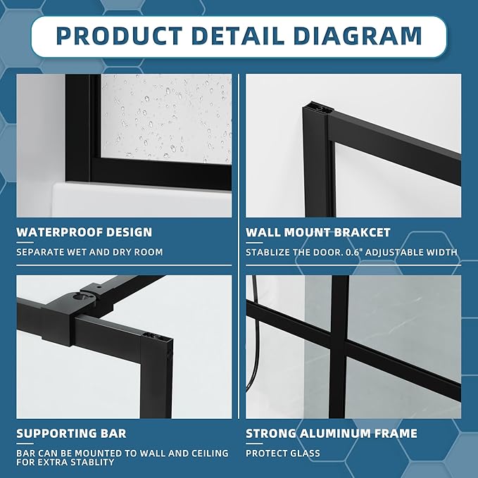 Goodyo 46" x 72" Shower Glass Door Tempered Glass Shower Screen with Towel Rack Tool Bar for Walk in Bathroom, 16-Grid Modern Desigh, Matte Black Finish