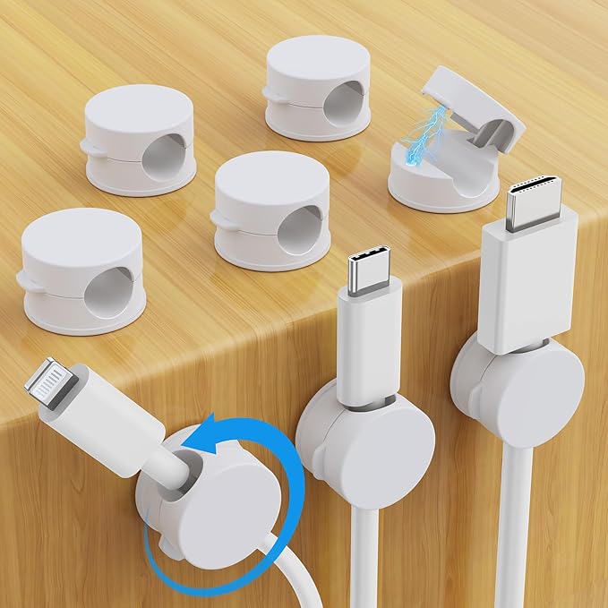AGPTEK 8 Pack Magnetic Cable Clips, Upgraded 360° Rotatable Cord Holder Clips for Nightstand, Desk Cord Organizer Adhesive Wire Management Home Office Phone Charging Cords USB Cable Keeper (White)