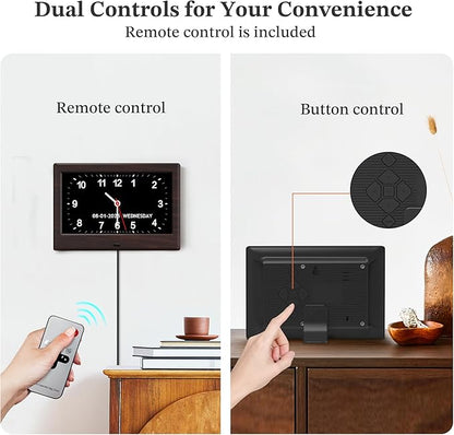 7'' Digital Clocks, 12 Reminders & 6 Alarms, Dementia Clock with Date and Time for Elderly, Auto-Dimming, Button & Remote Control, Auto DST, Digital Calendar for Seniors Large Display, Brown Woodgrain