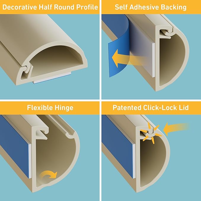 D-Line Half Round Cord Hider, Patented Cable Cover, Hide TV Wall Mount Wires, Raceway for Cords, Decorative Wire Covers, Paintable, Adhesive Cable Concealer, 2X 0.78in W x 0.39in H x 39in L, Beige