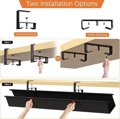 Under Desk Cable Management Tray - 48" Cord Organizer for Desk No Drill, Fabric Under Table Wire Organizer with 16X Cable Ties Hide for Office/Home, Cord Hider Fits Adapters & Sockets, Black