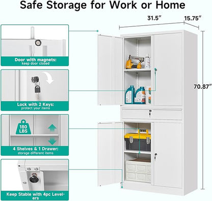 SISESOL White Metal Storage Cabinet with Drawer and Locks,Garage Storage Cabinet with Locking Doors and Adjustable Shelves,71" Tall Large Metal Cabinets with Magnetic Door for Home,Office,Garage