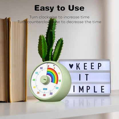 Visual Timer for Kids, 60-Minute Countdown Timer for Classroom Office Kitchen, Desk Timer Kids Time Management Tools with Silent Operation, Pomodoro Time Rainbow Pattern (Grass Green)