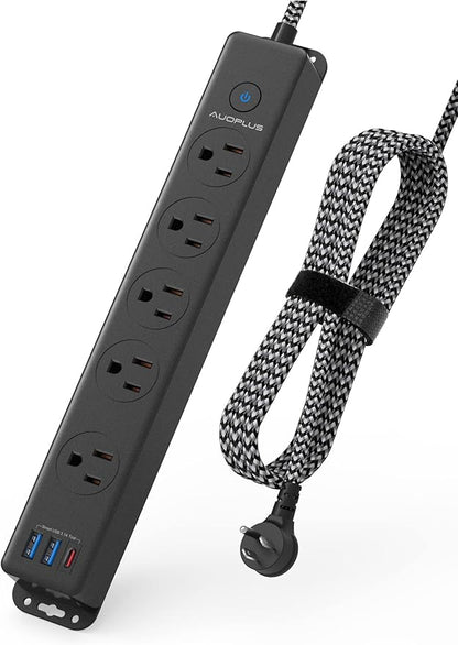 Surge Protector Power Strip with USB C Ports, 10FT Braided Extension Cord, 5 Outlets and 3 USB Ports(1 USB C), AUOPLUS Mountable Power Strips Flat Plug with Overload Protection
