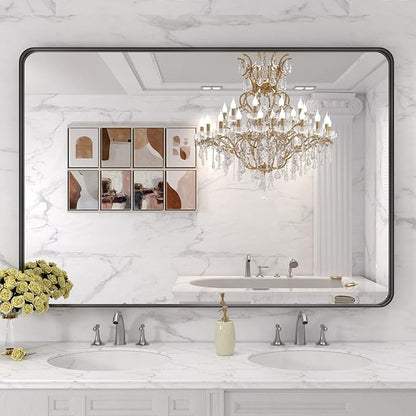 LOAAO 48X32 Inch Black Metal Framed Bathroom Mirror for Wall, Matte Black Bathroom Vanity Mirror Farmhouse, Large Rounded Rectangle Mirror, Anti-Rust, Tempered Glass, Hangs Horizontally or Vertically