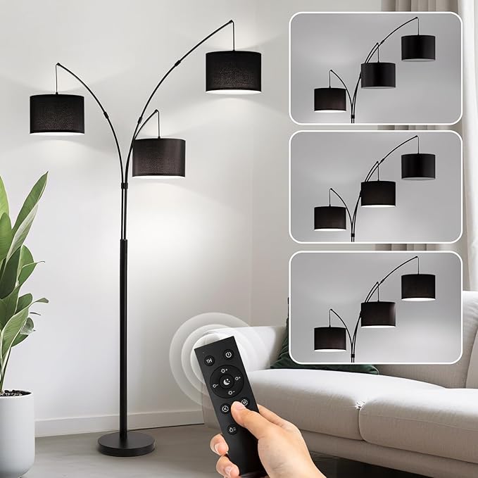 Fansdrick Floor lamp with Remote, 3 Light Arc Floor Lamps for Living Room, 2400LM Tall Standing Floor Lamps with Black Shades, 80" Large Floor Lamp for Bedroom, Office