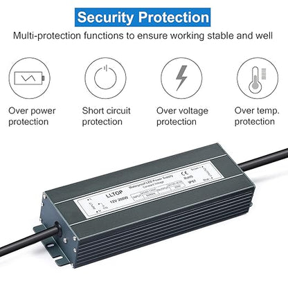 LLTOP Low Voltage Transformer 200 Watts Waterproof IP67 Power Supply 90-130V AC to 12V DC 16.7A LED Driver Converter Power Adapter for Indoor Outdoor LED Lights