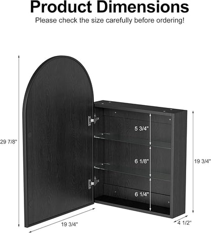 Brushed Black Arched Medicine Cabinet with Mirror, Wall Mount Bathroom Storage Cabinet, Surface Mount, Reversible Left/Right Opening Door, Modern Metal Framed Mirror Cabinet, 20 x 30 Inch