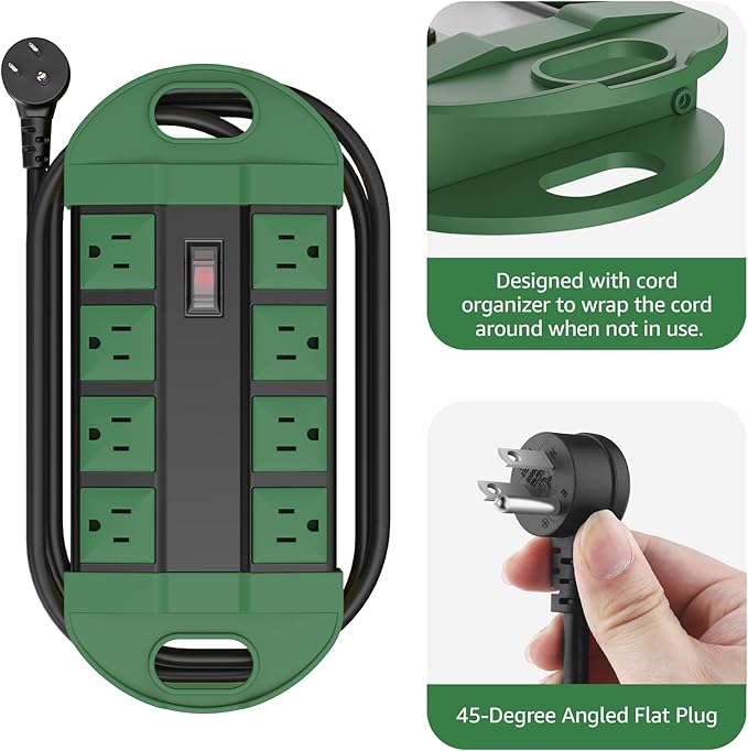 CCCEI Outdoor Power Strip Weatherproof with 8 Plug, Waterproof Extension Cord with Multiple Outlets, Christmas Exterior Garden Yard Surge Protector 10FT, Green.