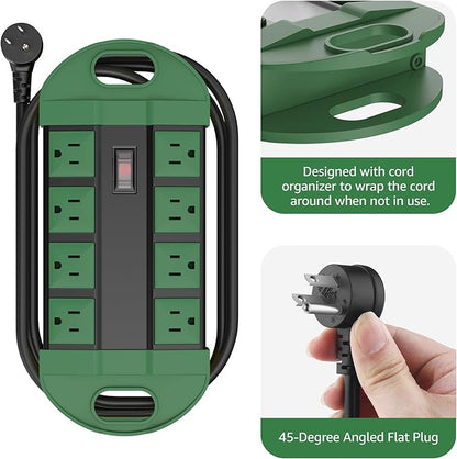 CCCEI Outdoor Power Strip Weatherproof with 8 Plug, Waterproof Extension Cord with Multiple Outlets, Christmas Exterior Garden Yard Surge Protector 10FT, Green.