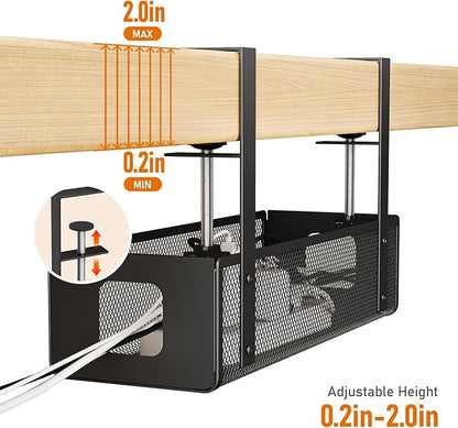 DELAMU Under Desk Cable Management Tray - Cable Management Tray No Drill with F-Clamp Design, Metal Mesh Cord Organizer, Sturdy Wire Organizers for Cords for Home Office Standing Desk, Black