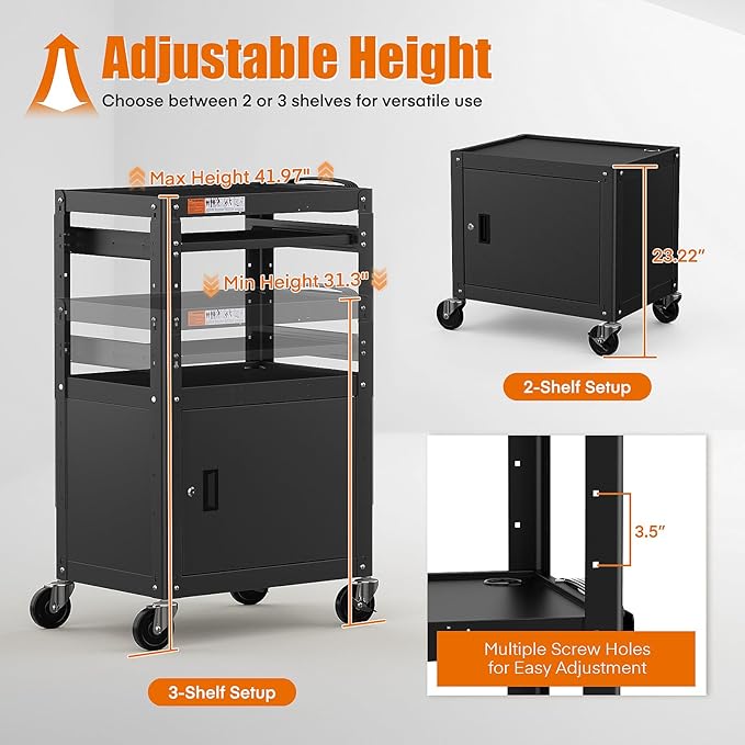 Steel Large AV Cart with Extra Storage - Adjustable Height Cart with Locking Cabinet, Pullout Tray, Power Strip, and Cord Management - Holds 300 lbs and Easy to Assemble (24'' x 18'' x 42'')