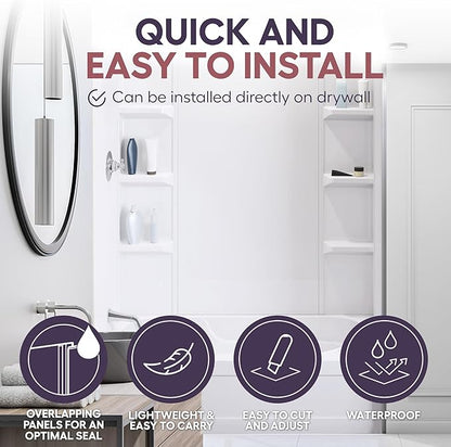 White Polystyrene Tub Wall Surround 32"x 60"x 58" - Waterproof, Easy-to-Install, Two Shelf Units Kit Included - Bathtub Wall Surround Panels - Plain Pattern, Basic Shelves - Noah William Home