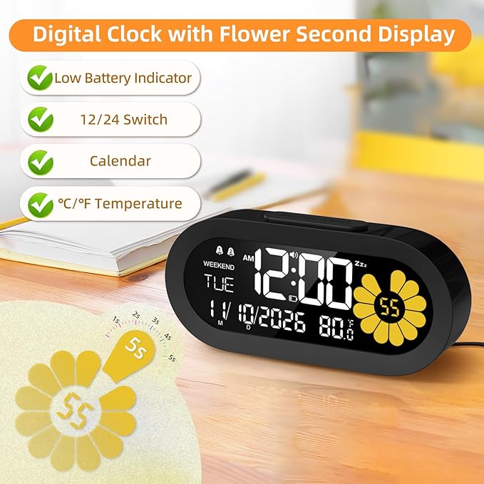 DOOMAY Digital Alarm Clock for Bedroom: Dual Alarm Bedside Clock VA LCD Display with Seconds, 9-Minute Snooze and Weekend Mode, 3 Brightness, 4 Alarms and 3 Volume Levels，Type C & Battery Included