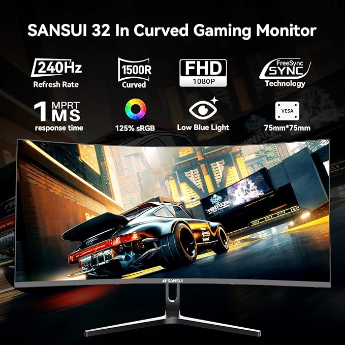 SANSUI 32 Inch Curved 240Hz Gaming Monitor High Refresh Rate, FHD 1080P Gaming PC Monitor HDMI DP1.4, Curved 1500R, 1Ms MPRT, HDR,Metal Stand,VESA Compatible(DP Cable Incl.)
