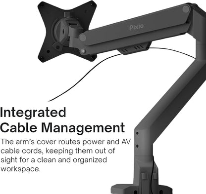 Pixio PS1S Wave Black Single Monitor Arm Stand Desk Mount - Fits up to 32 inches Monitors and up to 19.8lbs. VESA Compatibility and Integrated Cable Management