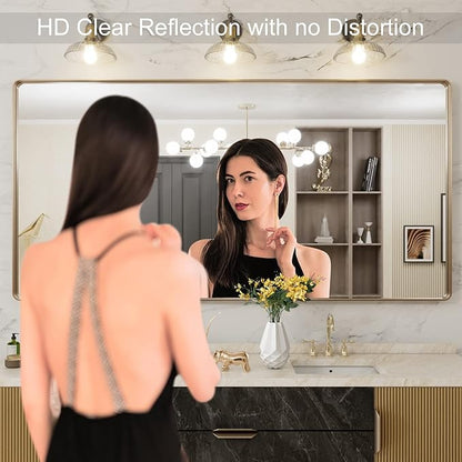 LOAAO 72”X36” Gold Bathroom Mirror, Rounded Rectangle Gold Frame Mirror, Brushed Gold Bathroom Vanity Mirror Wall-Mounted, Anti-Rust, Tempered Glass, Hangs Horizontally or Vertically