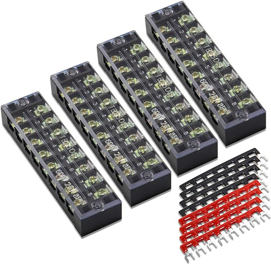 MILAPEAK Terminal Block and Strip - 4 pcs 8 Positions 600V 25A Dual Row Screw Terminals Strip with Cover + 8 pcs 400V 25A 8 Positions Pre-Insulated Terminal Barrier Jumper Strips Black & Red