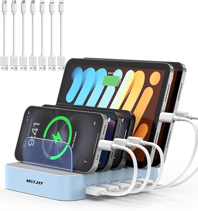 MSTJRY Charging Station for Multiple Devices : 5 Port Multi USB-A Charger Stations Multi-Device Organizer Charging Dock Designed for iPhone iPad Cell Phone Tablets (7 Short Cables Included), Blue