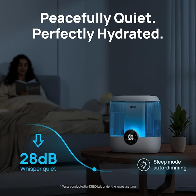 DREO 6L Top Fill Humidifiers for Bedroom, 60H Runtime 28 dB Quiet Supersized Cool Mist Air Humidifiers for Large Room, Baby Nursery, Plant, Indoor, Night Light, Easy to Clean, Precise Humidity Control