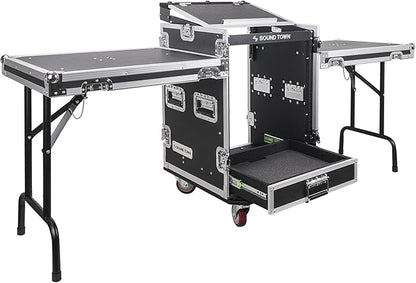 Sound Town 14U PA DJ Pro Audio Rack/Road ATA Case with 2U Drawer, 11U Slant Mixer Top, Two DJ Work Tables, Casters, Pro Tour Grade (MR-DR14UT2)